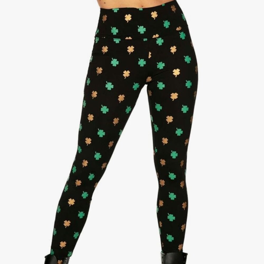 Tipsy Elves NWT Black Green & Gold Foil Clover High-Waisted Leggings st patrick